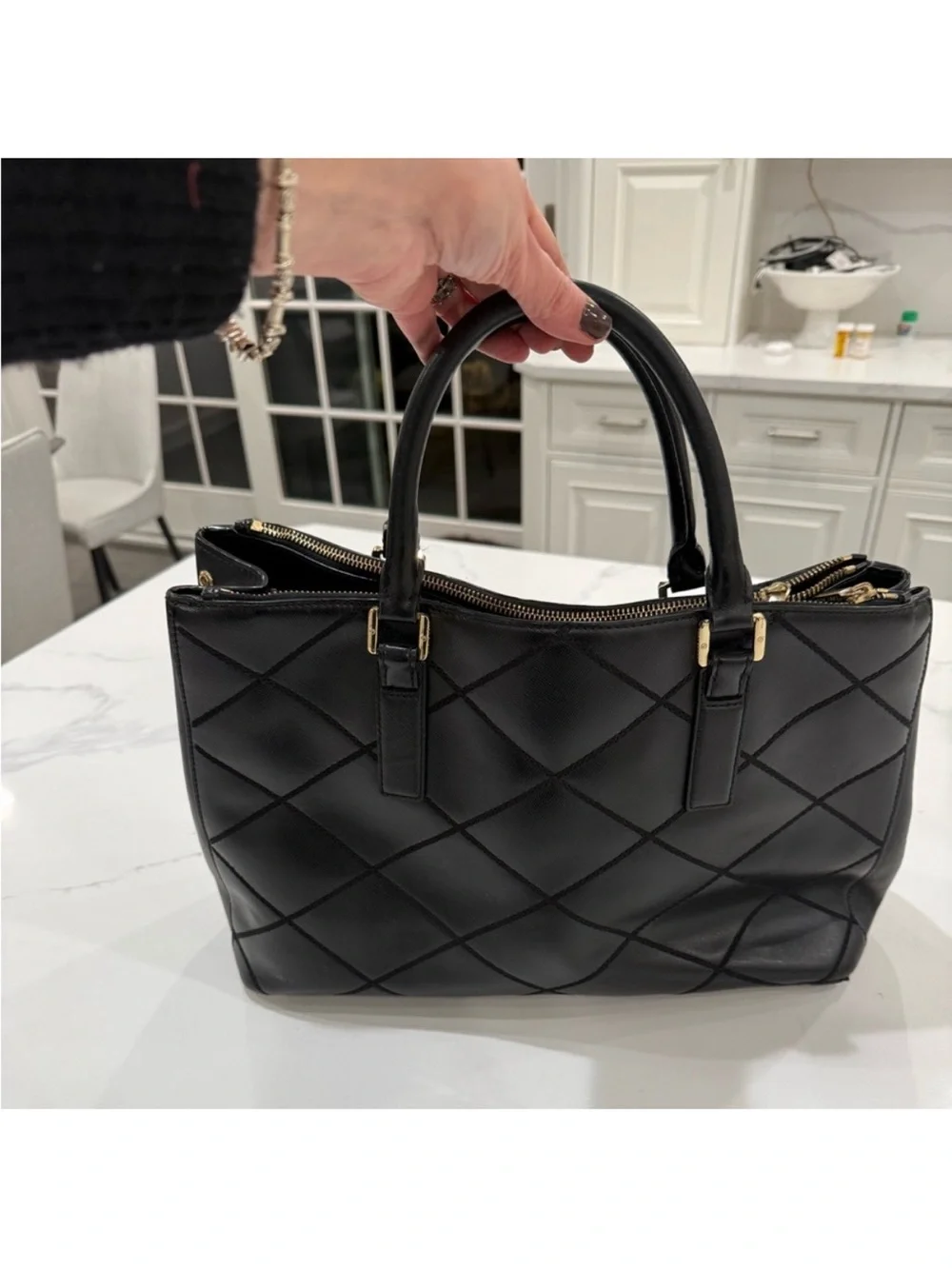 Tory Burch Robinson Black Quilted Satchel with Gold Hardware
